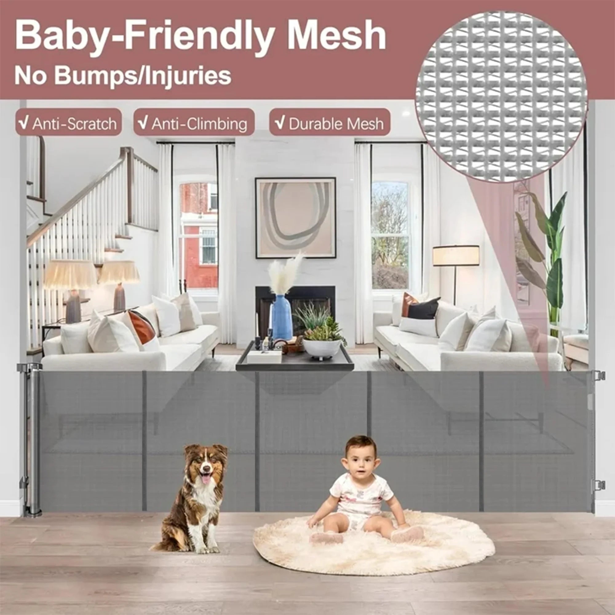 Retractable Baby Gate, 120In Baby Safety Gate for Stairs Doorways,34Inch Tall Metal Dog Gate,Extra Wide,Gray