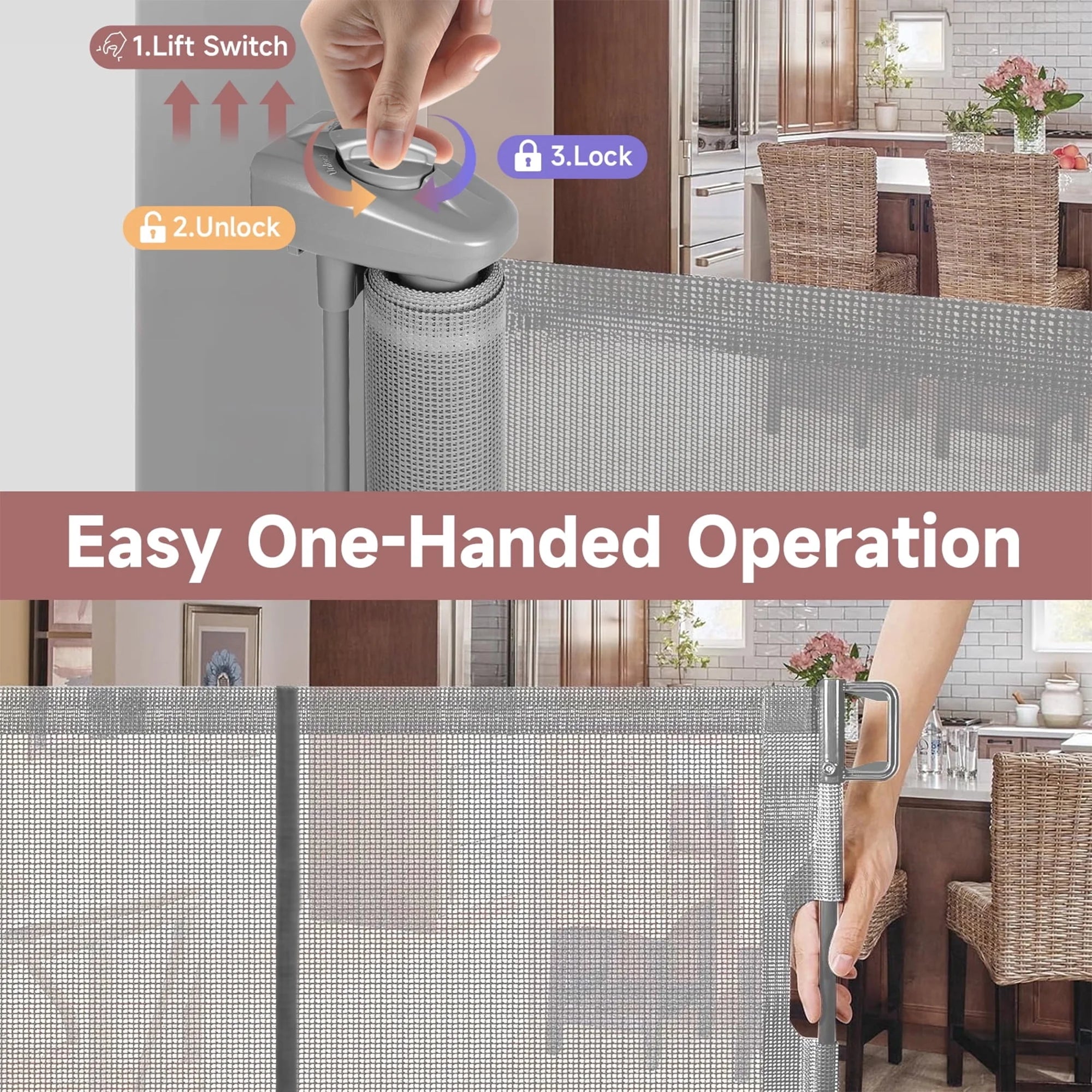 Retractable Baby Gate, 120In Baby Safety Gate for Stairs Doorways,34Inch Tall Metal Dog Gate,Extra Wide,Gray