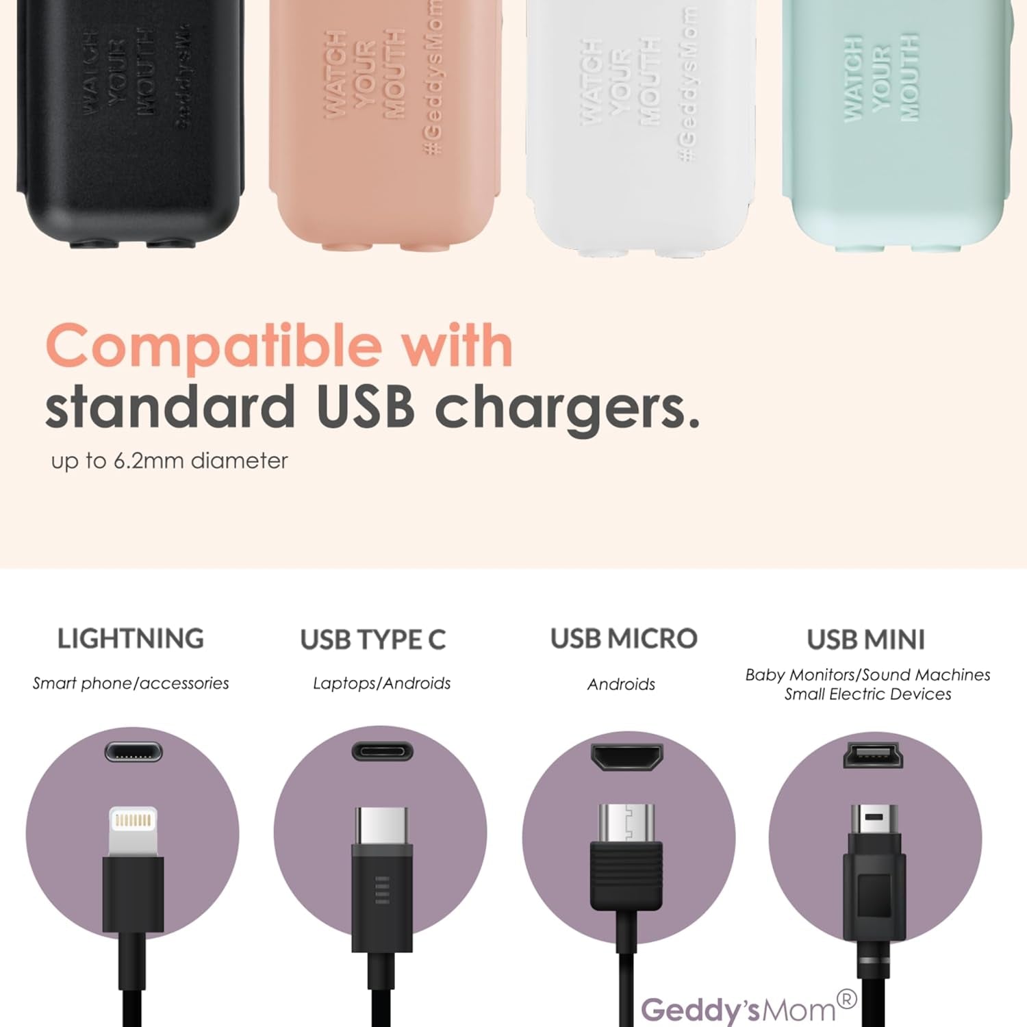 Watch Your Mouth Baby Proof Cord Cover | Award-Winning USB Charger Cover for Baby Proofing Cords | BPA & Phthalate-Free Charger Cover Protector | Electrical Safety Baby Products, (6-Pack, Dusty Aqua)