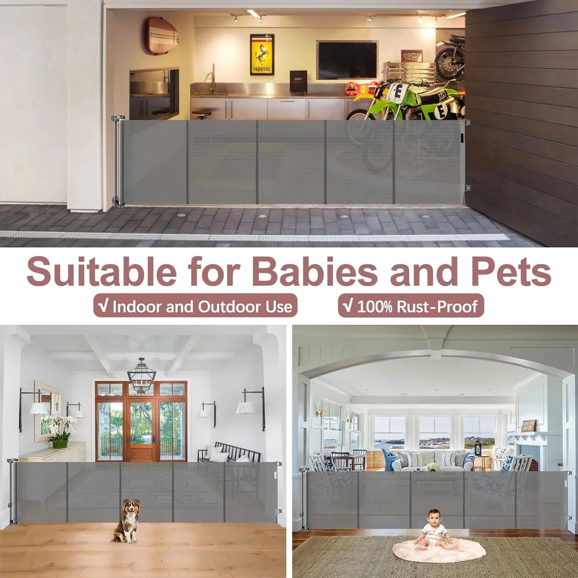 Retractable Baby Gate, 120In Baby Safety Gate for Stairs Doorways,34Inch Tall Metal Dog Gate,Extra Wide,Gray