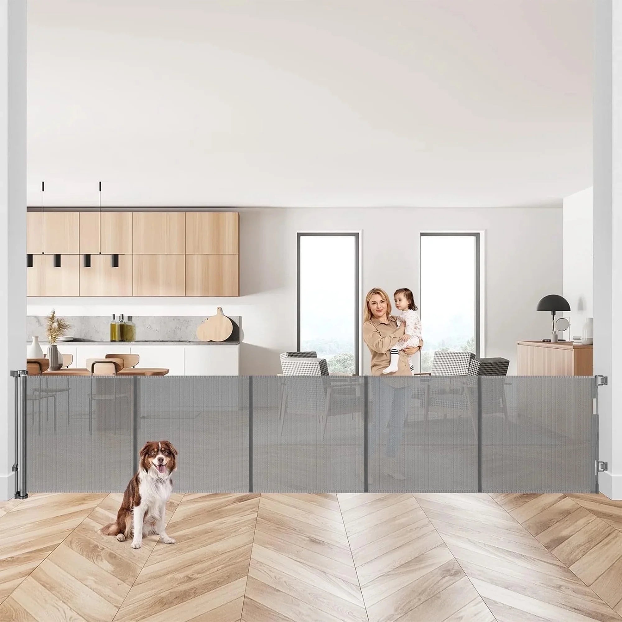 Retractable Baby Gate, 120In Baby Safety Gate for Stairs Doorways,34Inch Tall Metal Dog Gate,Extra Wide,Gray