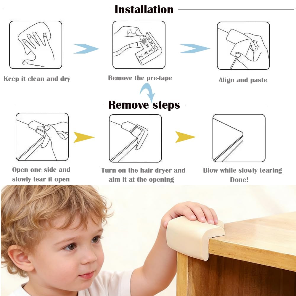 12 Pack Soft Corner Protector Baby Proofing Edge & Corner Guards, Furniture Safety Bumper for Table, Fireplace, Stair, Cabinet, (Beige)