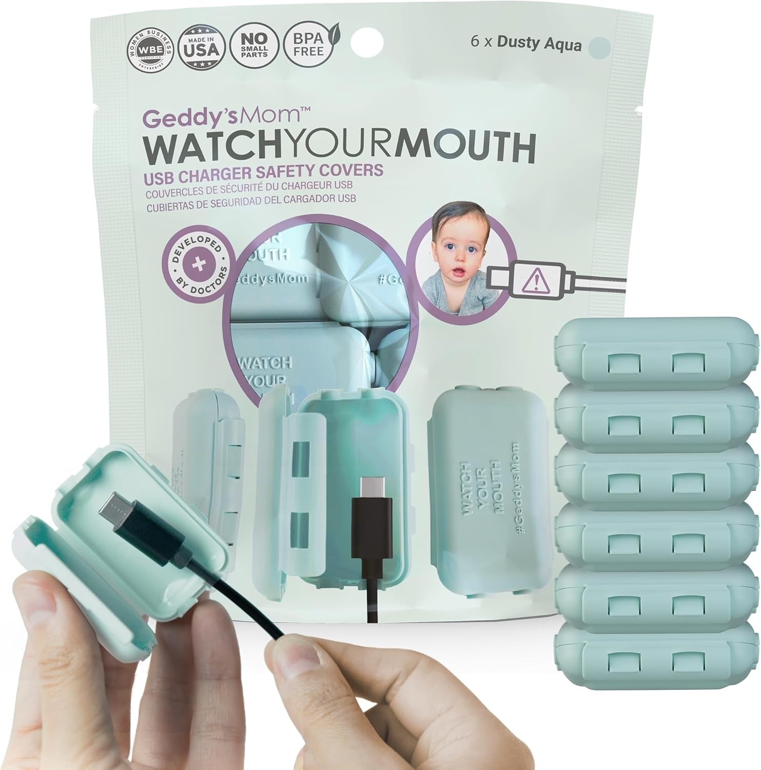 Watch Your Mouth Baby Proof Cord Cover | Award-Winning USB Charger Cover for Baby Proofing Cords | BPA & Phthalate-Free Charger Cover Protector | Electrical Safety Baby Products, (6-Pack, Dusty Aqua)