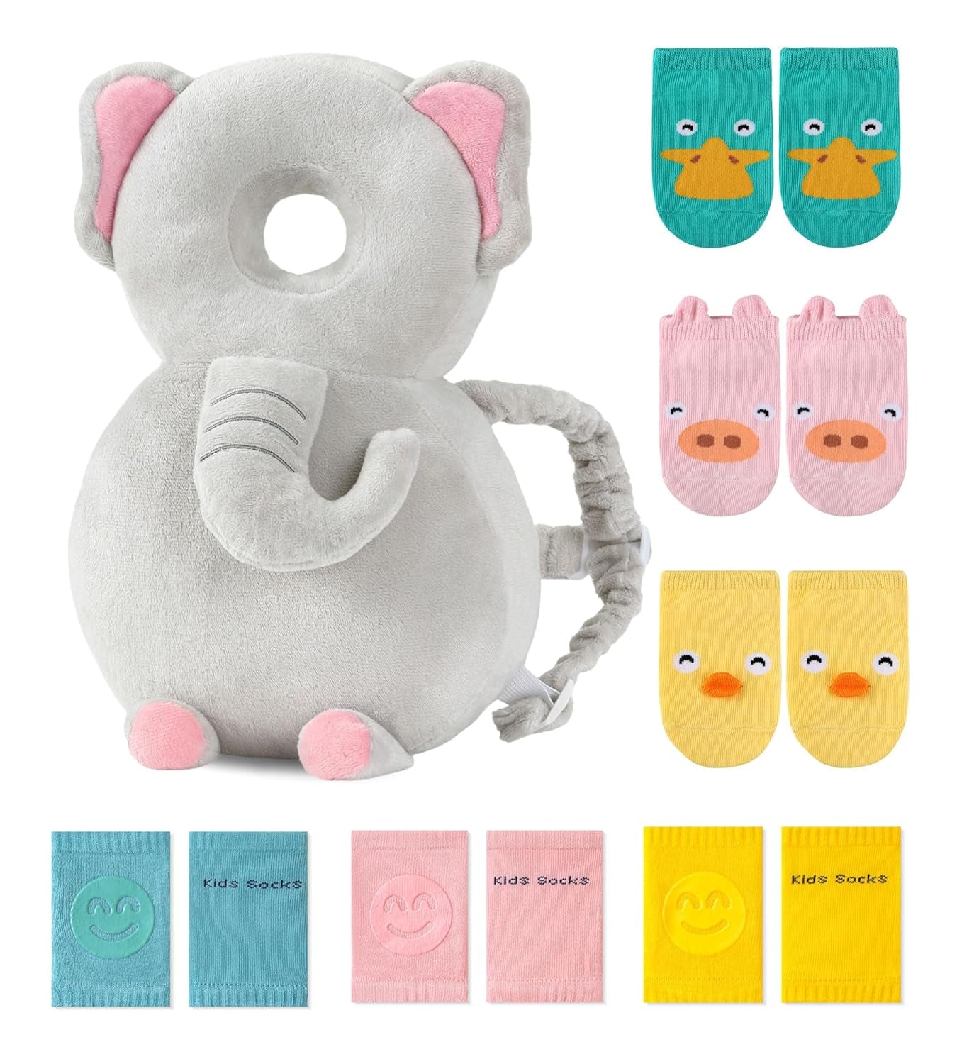 Toddler Baby Head Protector Backpack for Toddler Walker with Knee Pads&Anti-Slip Socks, Elephant
